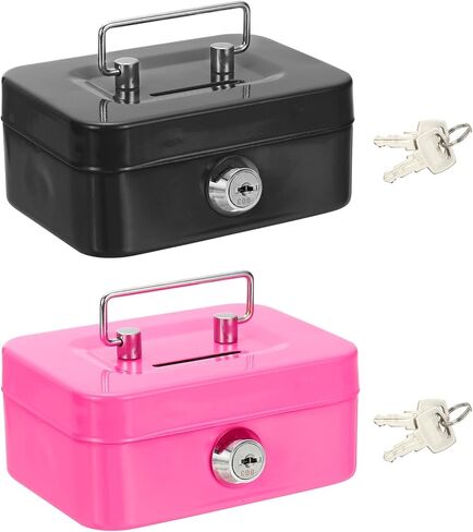 PATIKIL Small Cash Box, 2 Pcs Mini Safe Box Money Locker Piggy Bank Money Saving Boxes with Keys for Cash Watches Jewelry Personal Items, Black, Pink in Saudi Arabia