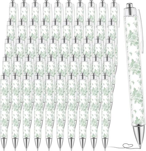 Tenceur 50 Pcs Green and White Floral Ballpoint Pens Sage Green Flower Fancy Pens Porcelain for Wedding Baby Bridal Shower Party Gift 1.00 mm Black Ink Butterfly Writing for Office Supplies Journaling in Kuwait