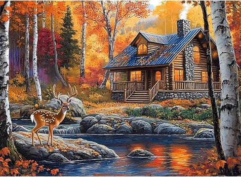 500 Piece Puzzle for Adults, Autumn Fall Landscape Jigsaw Puzzles 500 Pieces, Deer Forest Cabin River Scene, 500 Piece Puzzles for Adults, Cozy Nature Puzzle, Family Game, Home Decor Gift 20.5 x 15 in in Saudi Arabia