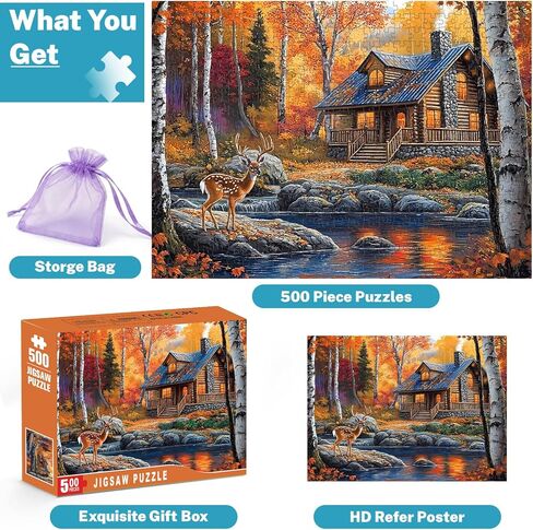 500 Piece Puzzle for Adults, Autumn Fall Landscape Jigsaw Puzzles 500 Pieces, Deer Forest Cabin River Scene, 500 Piece Puzzles for Adults, Cozy Nature Puzzle, Family Game, Home Decor Gift 20.5 x 15 in in Saudi Arabia