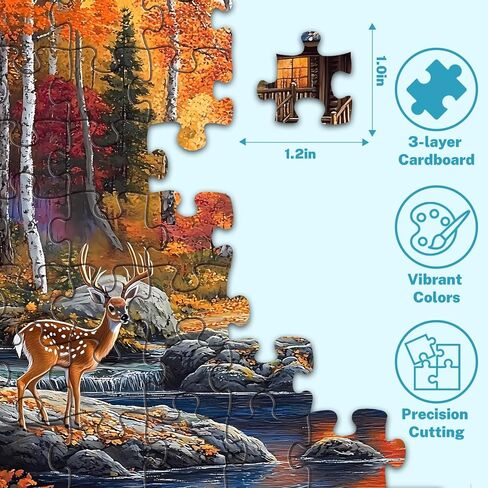 500 Piece Puzzle for Adults, Autumn Fall Landscape Jigsaw Puzzles 500 Pieces, Deer Forest Cabin River Scene, 500 Piece Puzzles for Adults, Cozy Nature Puzzle, Family Game, Home Decor Gift 20.5 x 15 in in Saudi Arabia