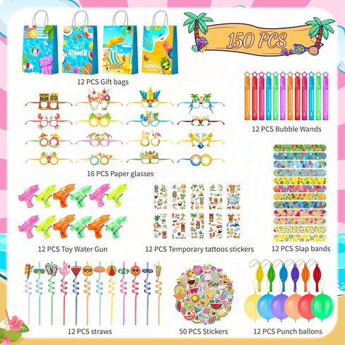 Pool Beach Birthday Party Favors Fillers, 150pcs Pool Birthday Party Decorations Set Including Pool Goodie Bag Wands Slap Bands Paper Glasses Water Gun etc Pool Birthday Party Favors Supplies in Kuwait