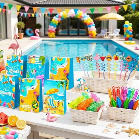Pool Beach Birthday Party Favors Fillers, 150pcs Pool Birthday Party Decorations Set Including Pool Goodie Bag Wands Slap Bands Paper Glasses Water Gun etc Pool Birthday Party Favors Supplies in Kuwait