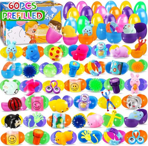 60PCS Prefilled Easter Eggs with Toys Inside, Easter Basket Eggs Filled Stuffers, Easters Theme Party Favors Fidget Hunting Assortment Toys, Treasure Box Party Supplies in Saudi Arabia