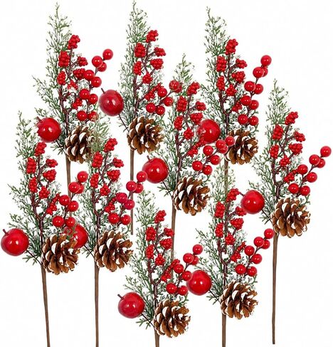 BANBERRY DESIGNS Christmas Decorations - Set of 18 - Snow Tipped Pinecone and Greenery Picks with Red Berry Clusters and Apple - Xmas Crafting and Decorating Accessories 11" Tall and 3" Wide in Saudi Arabia