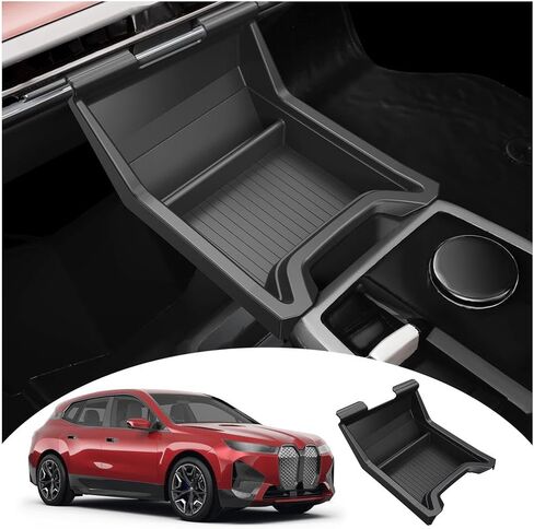 For BMW iX Lower Console Tray - Compatible with 2022-2026 BMW iX Center Console Organizer Tray [2026 Patented Design] with Anti-Slip Thick Liquid Silicone Mat - [Car Food Tray] [2-Compartment] - Black in Saudi Arabia