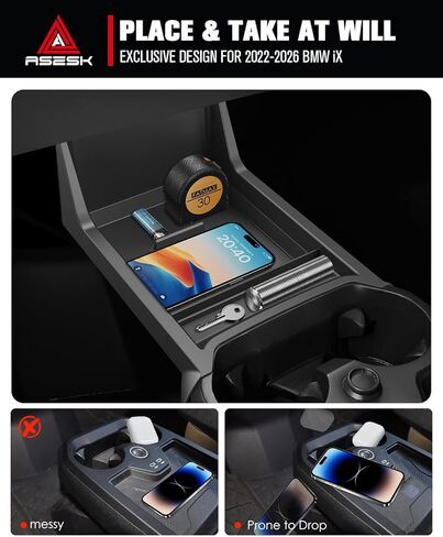 For BMW iX Lower Console Tray - Compatible with 2022-2026 BMW iX Center Console Organizer Tray [2026 Patented Design] with Anti-Slip Thick Liquid Silicone Mat - [Car Food Tray] [2-Compartment] - Black in Saudi Arabia
