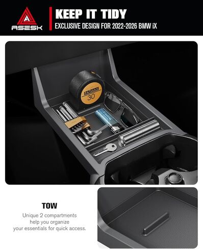 For BMW iX Lower Console Tray - Compatible with 2022-2026 BMW iX Center Console Organizer Tray [2026 Patented Design] with Anti-Slip Thick Liquid Silicone Mat - [Car Food Tray] [2-Compartment] - Black in Saudi Arabia