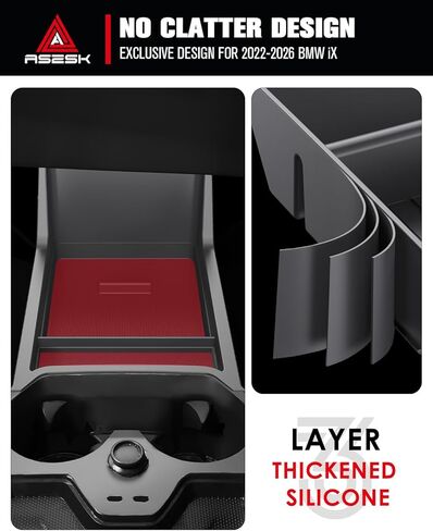 For BMW iX Lower Console Tray - Compatible with 2022-2026 BMW iX Center Console Organizer Tray [2026 Patented Design] with Anti-Slip Thick Liquid Silicone Mat - [Car Food Tray] [2-Compartment] - Black in Saudi Arabia