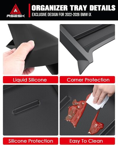 For BMW iX Lower Console Tray - Compatible with 2022-2026 BMW iX Center Console Organizer Tray [2026 Patented Design] with Anti-Slip Thick Liquid Silicone Mat - [Car Food Tray] [2-Compartment] - Black in Saudi Arabia