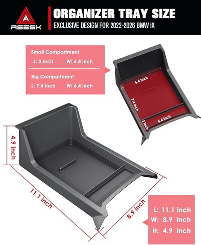 For BMW iX Lower Console Tray - Compatible with 2022-2026 BMW iX Center Console Organizer Tray [2026 Patented Design] with Anti-Slip Thick Liquid Silicone Mat - [Car Food Tray] [2-Compartment] - Black in Saudi Arabia