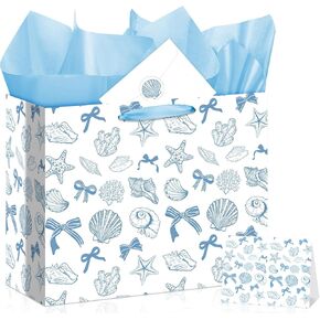 Coastal Beach Gift Bag Set All-in-One Seashell Bow Gift Wrapping Kit with Greeting Card, Sticker, Envelope and Tissue Paper for Tropical Summer Birthday Wedding Bachelorette Baby Shower Hawaiian Party in Kuwait