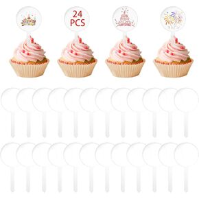 24PCS Blank Cupcake Toppers - Custom DIY Acrylic Cake Sticks for Birthday, Wedding, Baby Shower, Round Cake Decoration, Personalized Cupcake Picks, Clear Dessert Cups Toppers for Party in Kuwait