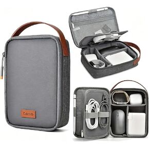 Tech Organizer Travel Cable Pouch, Water-Resistant with Genuine Leather Handle, 4-Layer Adjustable Storage, Lightweight for Travel & Office, Holds Charger Cables Power Bank Hard Drive, Grey in Saudi Arabia