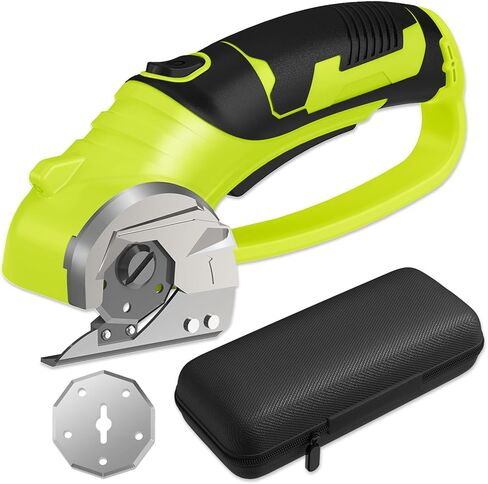 Cordless Electric Scissors, 4V Box Cutter & Cardboard Cutter with 2 Titanium Blades - Rotary Cutter with LED Light for Fabric, Leather, Carpet, Plastic, Crafting + Storage Case (Green) in Saudi Arabia