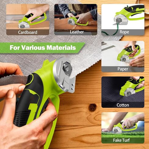 Cordless Electric Scissors, 4V Box Cutter & Cardboard Cutter with 2 Titanium Blades - Rotary Cutter with LED Light for Fabric, Leather, Carpet, Plastic, Crafting + Storage Case (Green) in Saudi Arabia