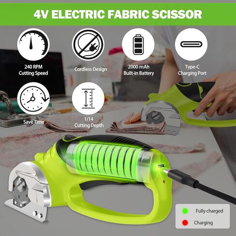 Cordless Electric Scissors, 4V Box Cutter & Cardboard Cutter with 2 Titanium Blades - Rotary Cutter with LED Light for Fabric, Leather, Carpet, Plastic, Crafting + Storage Case (Green) in Saudi Arabia