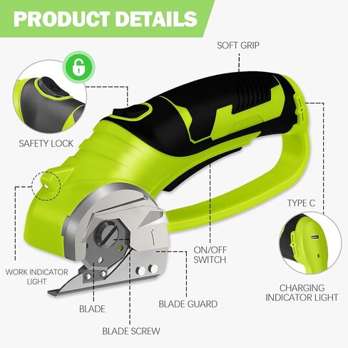 Cordless Electric Scissors, 4V Box Cutter & Cardboard Cutter with 2 Titanium Blades - Rotary Cutter with LED Light for Fabric, Leather, Carpet, Plastic, Crafting + Storage Case (Green) in Saudi Arabia