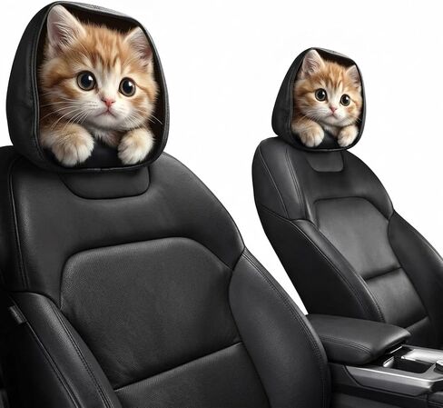 2 Pcs Cute Orange Cat Car Headrest Covers- Large Eyed Animal Print Auto Seat Protector Accessories, Soft Breathable Knit Polyester Universal Fit Interior Decor for Men Women Couples Road Trips in Saudi Arabia