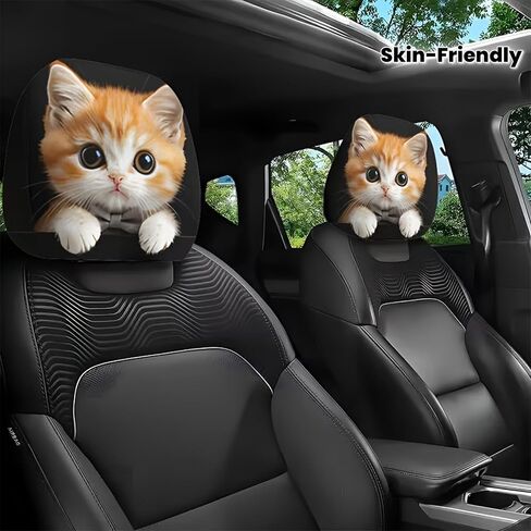 2 Pcs Cute Orange Cat Car Headrest Covers- Large Eyed Animal Print Auto Seat Protector Accessories, Soft Breathable Knit Polyester Universal Fit Interior Decor for Men Women Couples Road Trips in Saudi Arabia
