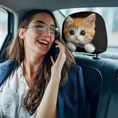 2 Pcs Cute Orange Cat Car Headrest Covers- Large Eyed Animal Print Auto Seat Protector Accessories, Soft Breathable Knit Polyester Universal Fit Interior Decor for Men Women Couples Road Trips in Saudi Arabia