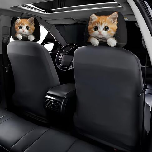 2 Pcs Cute Orange Cat Car Headrest Covers- Large Eyed Animal Print Auto Seat Protector Accessories, Soft Breathable Knit Polyester Universal Fit Interior Decor for Men Women Couples Road Trips in Saudi Arabia