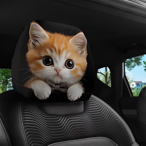 2 Pcs Cute Orange Cat Car Headrest Covers- Large Eyed Animal Print Auto Seat Protector Accessories, Soft Breathable Knit Polyester Universal Fit Interior Decor for Men Women Couples Road Trips in Saudi Arabia