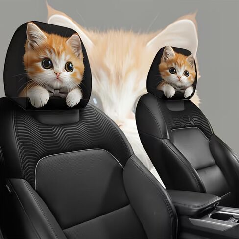 2 Pcs Cute Orange Cat Car Headrest Covers- Large Eyed Animal Print Auto Seat Protector Accessories, Soft Breathable Knit Polyester Universal Fit Interior Decor for Men Women Couples Road Trips in Saudi Arabia