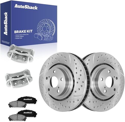 AutoShack Front Brake Rotors, Ceramic Pads & Calipers for Toyota, Highlander 2008-2013, AWD FWD L4 2.7L V6 3.3L 3.5L - Silver Zinc Coated Drilled & Slotted - SilverShield Pro - 12.91" (328 mm), 5-Lug in Kuwait