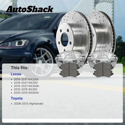 AutoShack Front Brake Rotors, Ceramic Pads & Calipers for Toyota, Highlander 2008-2013, AWD FWD L4 2.7L V6 3.3L 3.5L - Silver Zinc Coated Drilled & Slotted - SilverShield Pro - 12.91" (328 mm), 5-Lug in Kuwait