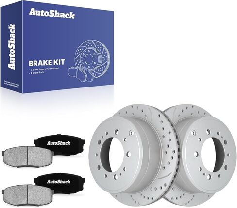 AutoShack Rear Brake Rotors & Ceramic Pads for Toyota, Tundra 2007-2021, 4WD RWD V6 4.0L V8 4.6L 4.7L 5.7L - Coated Drilled & Slotted - Silver Matte Finish - TurboGuard - 13.58" (345 mm), 5+5-Lug in Kuwait