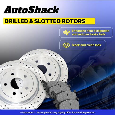 AutoShack Rear Brake Rotors & Ceramic Pads for Toyota, Tundra 2007-2021, 4WD RWD V6 4.0L V8 4.6L 4.7L 5.7L - Coated Drilled & Slotted - Silver Matte Finish - TurboGuard - 13.58" (345 mm), 5+5-Lug in Kuwait