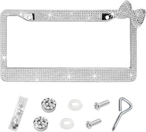 Bling License Plate Frame, 2 Holes Sparkling Rhinestones Bowknot Car Tag Cover Frame with Screws Caps Set, Weatherproof Stainless Vehicle License Plate Holder for Women Girls (Black & Red) in Saudi Arabia