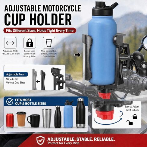 Heavy Duty Motorcycle Cup Holder, Double 360° Swivel Level Cup Drink Holder with Handlebar U-Bolt Base & Aluminum Alloy Medium Arm, Universal Water Bottle Holder for Harley, Bike, ATV, UTV in Saudi Arabia