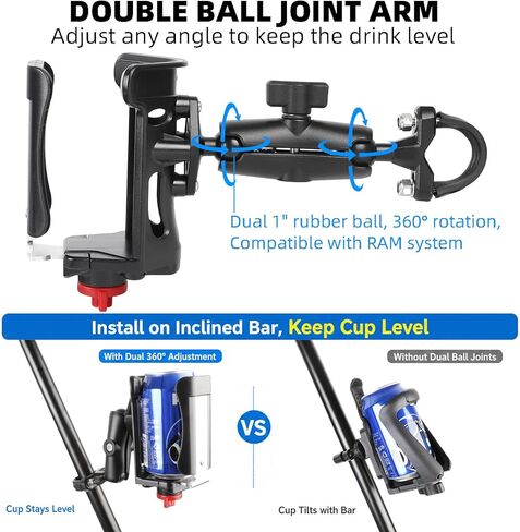 Heavy Duty Motorcycle Cup Holder, Double 360° Swivel Level Cup Drink Holder with Handlebar U-Bolt Base & Aluminum Alloy Medium Arm, Universal Water Bottle Holder for Harley, Bike, ATV, UTV in Saudi Arabia