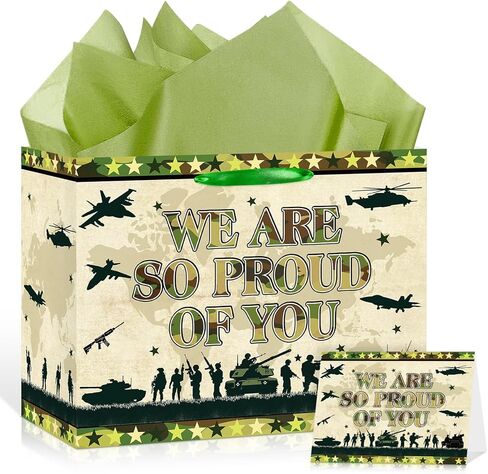 Camouflage Gift Bag Army Camo Wrapping Paper Bag with Tissue Paper Card Army Party Favors WE ARE SO PROUD Of YOU Patriotic Military Gift Bag for Veterans Day Memorial 4th of July Independence Day in Saudi Arabia