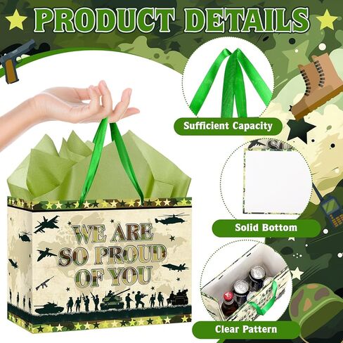 Camouflage Gift Bag Army Camo Wrapping Paper Bag with Tissue Paper Card Army Party Favors WE ARE SO PROUD Of YOU Patriotic Military Gift Bag for Veterans Day Memorial 4th of July Independence Day in Saudi Arabia