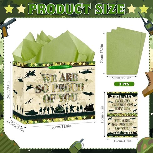 Camouflage Gift Bag Army Camo Wrapping Paper Bag with Tissue Paper Card Army Party Favors WE ARE SO PROUD Of YOU Patriotic Military Gift Bag for Veterans Day Memorial 4th of July Independence Day in Saudi Arabia