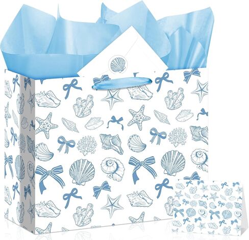 Coastal Beach Gift Bag Set All-in-One Seashell Bow Gift Wrapping Kit with Greeting Card, Sticker, Envelope and Tissue Paper for Tropical Summer Birthday Wedding Bachelorette Baby Shower Hawaiian Party in Kuwait