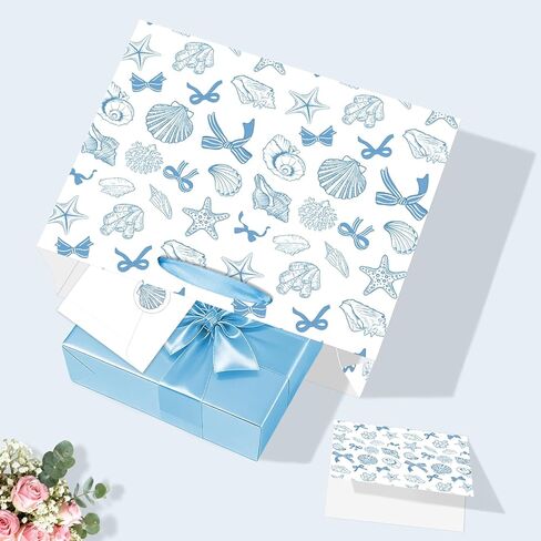 Coastal Beach Gift Bag Set All-in-One Seashell Bow Gift Wrapping Kit with Greeting Card, Sticker, Envelope and Tissue Paper for Tropical Summer Birthday Wedding Bachelorette Baby Shower Hawaiian Party in Kuwait