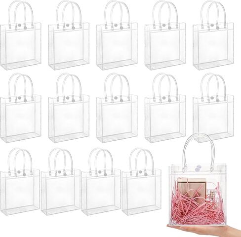 woric 6.3" Clear Gift Bags with Handles, 15PCS Reusable Plastic Party Favor Bags Transparent Goodie Bag Bulk for Weddings Graduation Father's Day Birthdays Gifts, 6.3"x5.9"x2.75" in Saudi Arabia