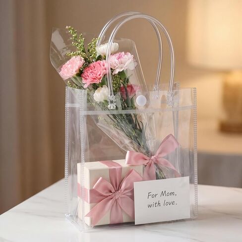woric 6.3" Clear Gift Bags with Handles, 15PCS Reusable Plastic Party Favor Bags Transparent Goodie Bag Bulk for Weddings Graduation Father's Day Birthdays Gifts, 6.3"x5.9"x2.75" in Saudi Arabia