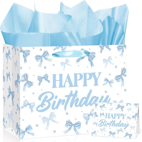 Blue Bow Birthday Gift Bag Baby Blue Watercolor Bow Birthday Wrapping Paper Bag with Tissue Paper Greeting Card Goodie Candy Bags for Boys Girls Neutral Bday Baby Shower Bachelorette Party Supplies in Kuwait