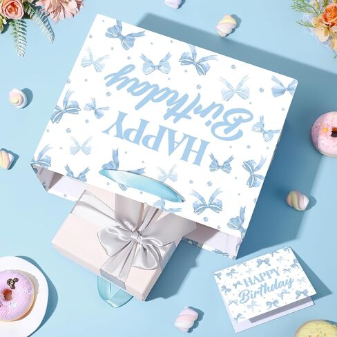 Blue Bow Birthday Gift Bag Baby Blue Watercolor Bow Birthday Wrapping Paper Bag with Tissue Paper Greeting Card Goodie Candy Bags for Boys Girls Neutral Bday Baby Shower Bachelorette Party Supplies in Kuwait