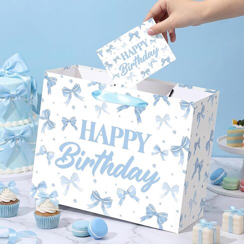 Blue Bow Birthday Gift Bag Baby Blue Watercolor Bow Birthday Wrapping Paper Bag with Tissue Paper Greeting Card Goodie Candy Bags for Boys Girls Neutral Bday Baby Shower Bachelorette Party Supplies in Kuwait