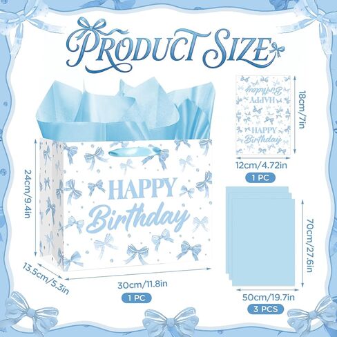 Blue Bow Birthday Gift Bag Baby Blue Watercolor Bow Birthday Wrapping Paper Bag with Tissue Paper Greeting Card Goodie Candy Bags for Boys Girls Neutral Bday Baby Shower Bachelorette Party Supplies in Kuwait