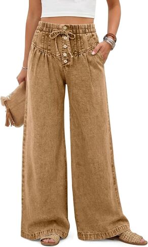 Tankaneo Womens Wide Leg Baggy Jeans Pleated Elastic High Waisted Drawstring Palazzo Denim Pants with Pockets in Saudi Arabia