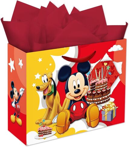 Zaprosze 4Pcs Mickey Birthday Gift Bag with Tissue Paper and Greeting Card Wrapping Paper Bags Large Themed Birthday Party Favor Bags for Girls Bday Baby Shower Mickey Party Supplies Decoration in Saudi Arabia