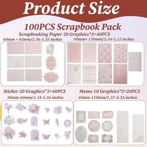 100pcs Pink Floral Scrapbooking Paper Vintage Flowers Scrapbook Specialty Craft Paper Memo Junk Material Papers Journaling Supplies for Journaling Retro Crafts Planner Collage Card Album in Kuwait