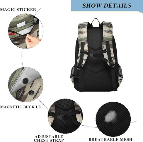Green Planes Helicopters Tanks Backpack Lightweight Bookbag Laptop Backpack College School Bag for Teen Boys and Girls with Reflective Stripes in Saudi Arabia